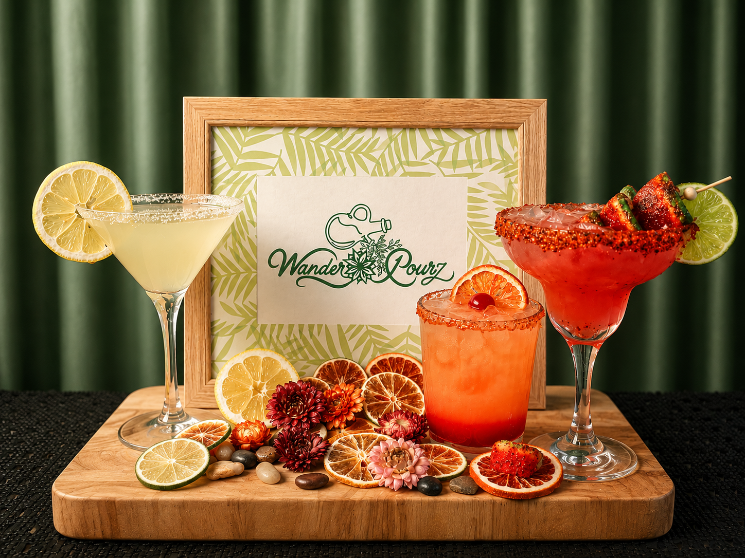 Wander Pourz signature cocktails displayed with the floral brand logo