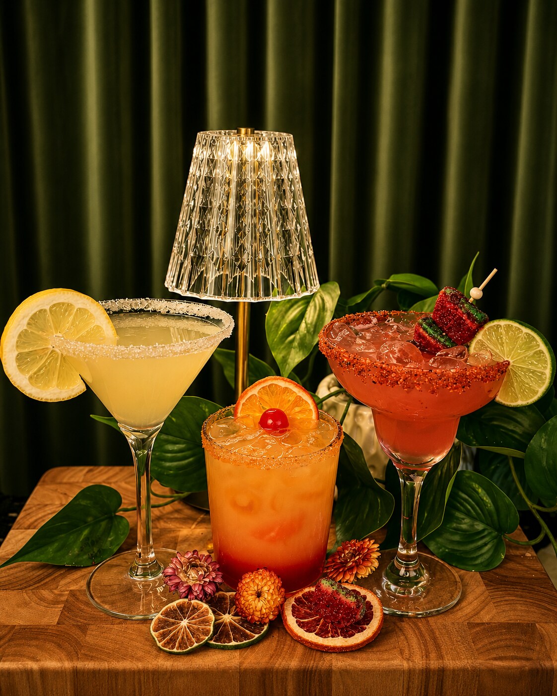 Three Wander Pourz signature cocktails with citrus garnishes and warm lamp light