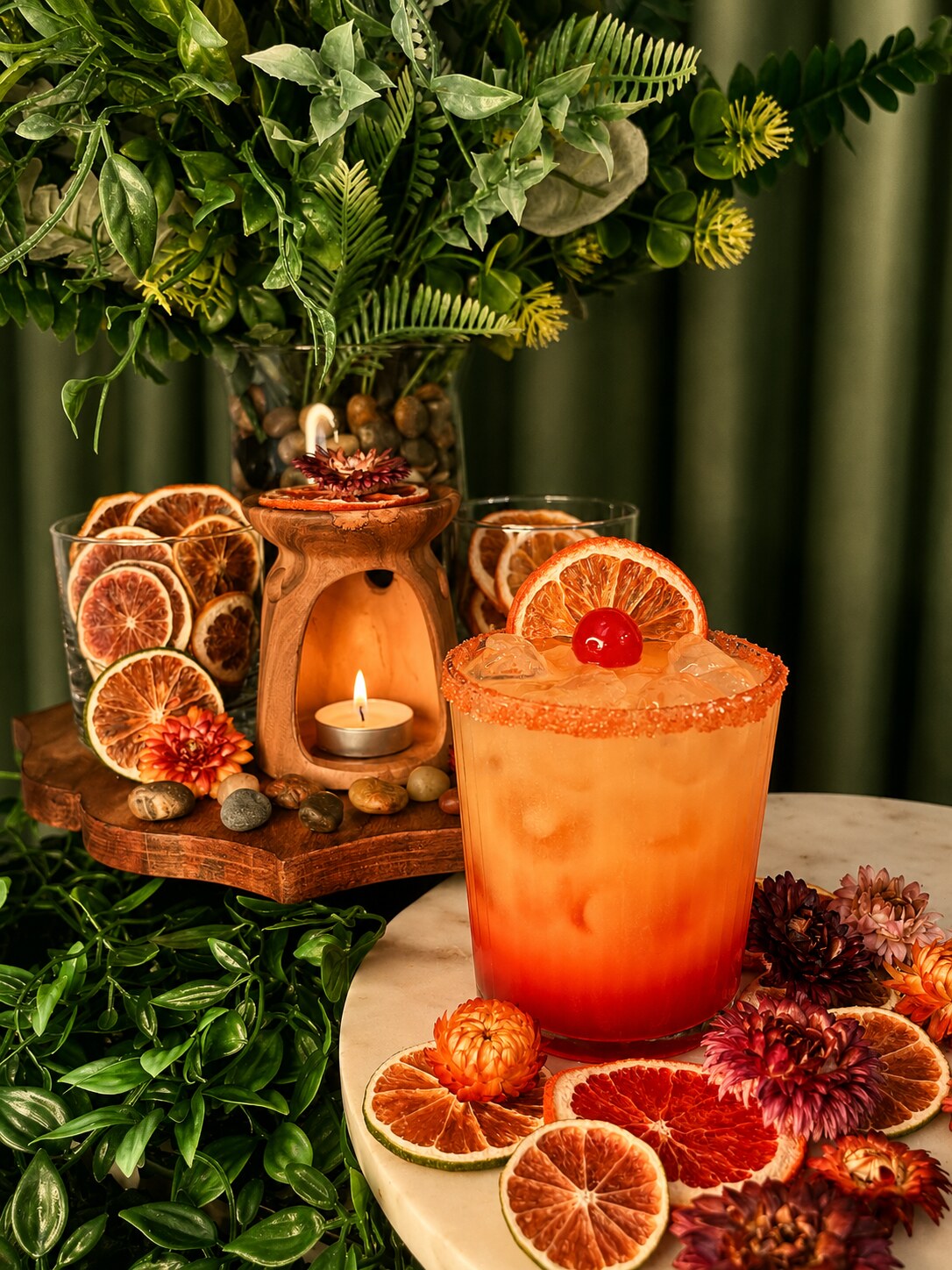 Orange signature cocktail styled with greenery and dried citrus