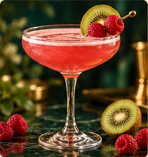 Illustrative Kiwi Raspberry Drop cocktail presentation
